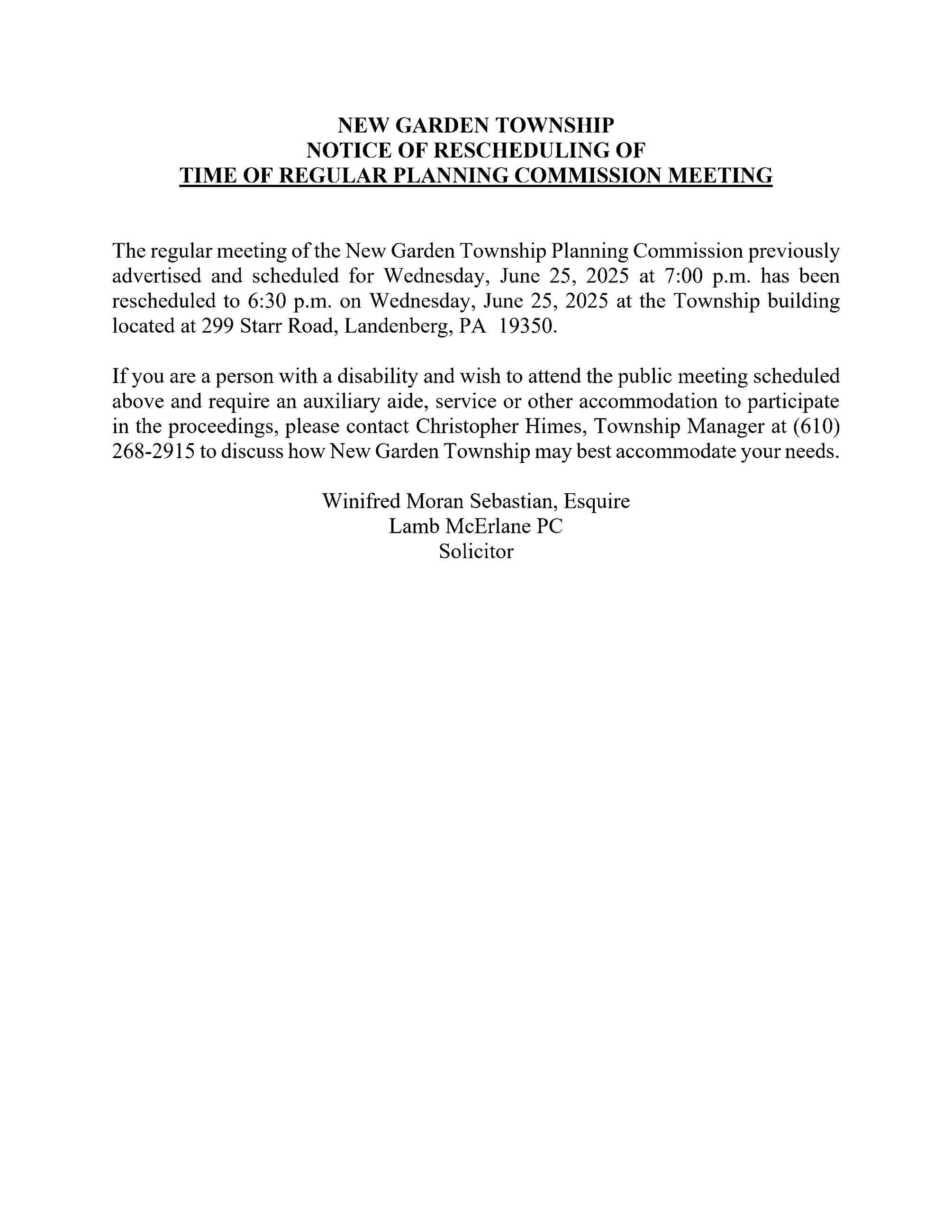 Notice of Rescheduling of Regular Meeting - Planning Commission - June 2025