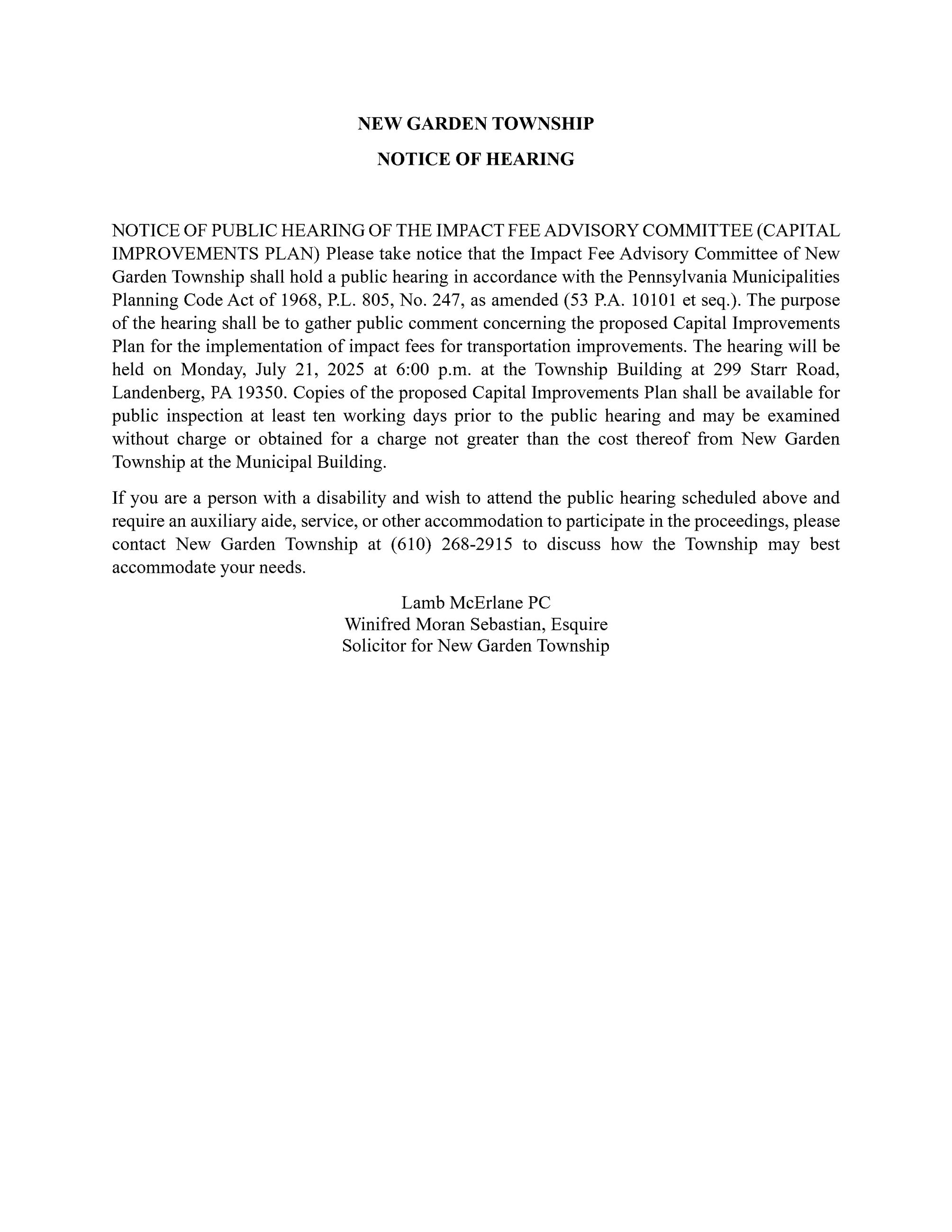 Notice of Public Hearing of Impact Fee Advisory Committee (Capital Improvements Plan)