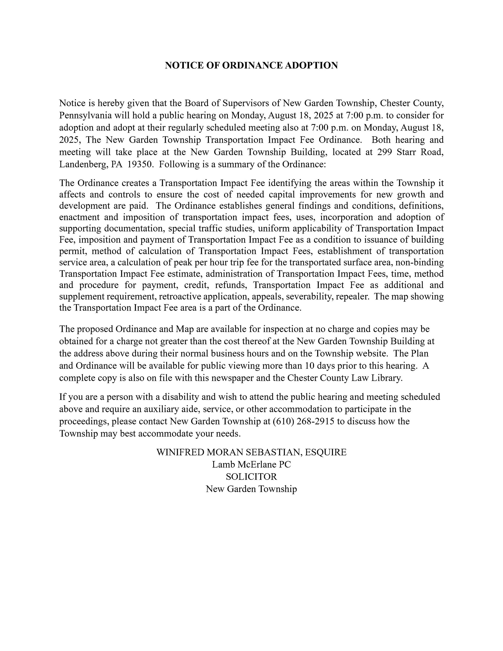 Notice of Ordinance Adoption - Transporation Impact Fee