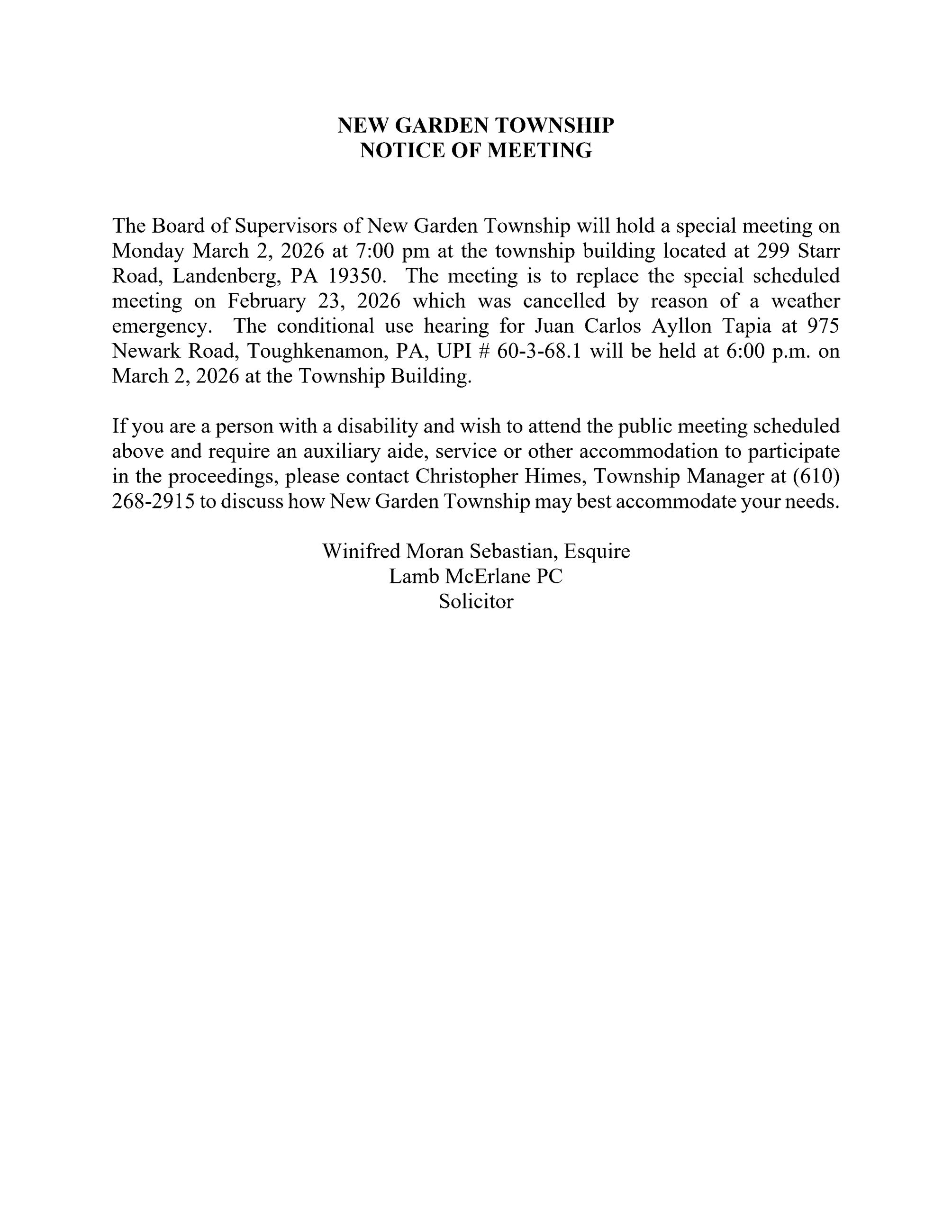 Notice of Special Meeting - Rescheduled Special Meeting February 2026