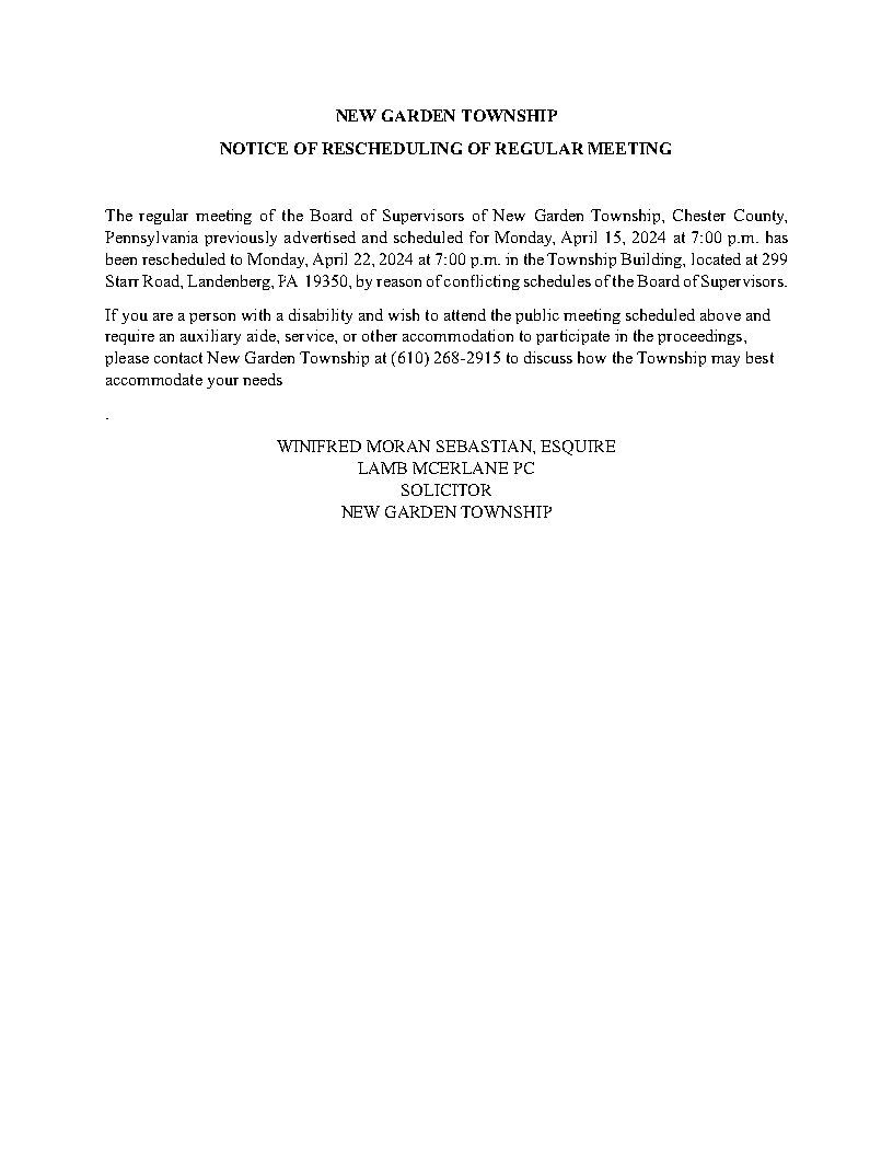 Notice of Rescheduling of Regular Meeting - April 2024