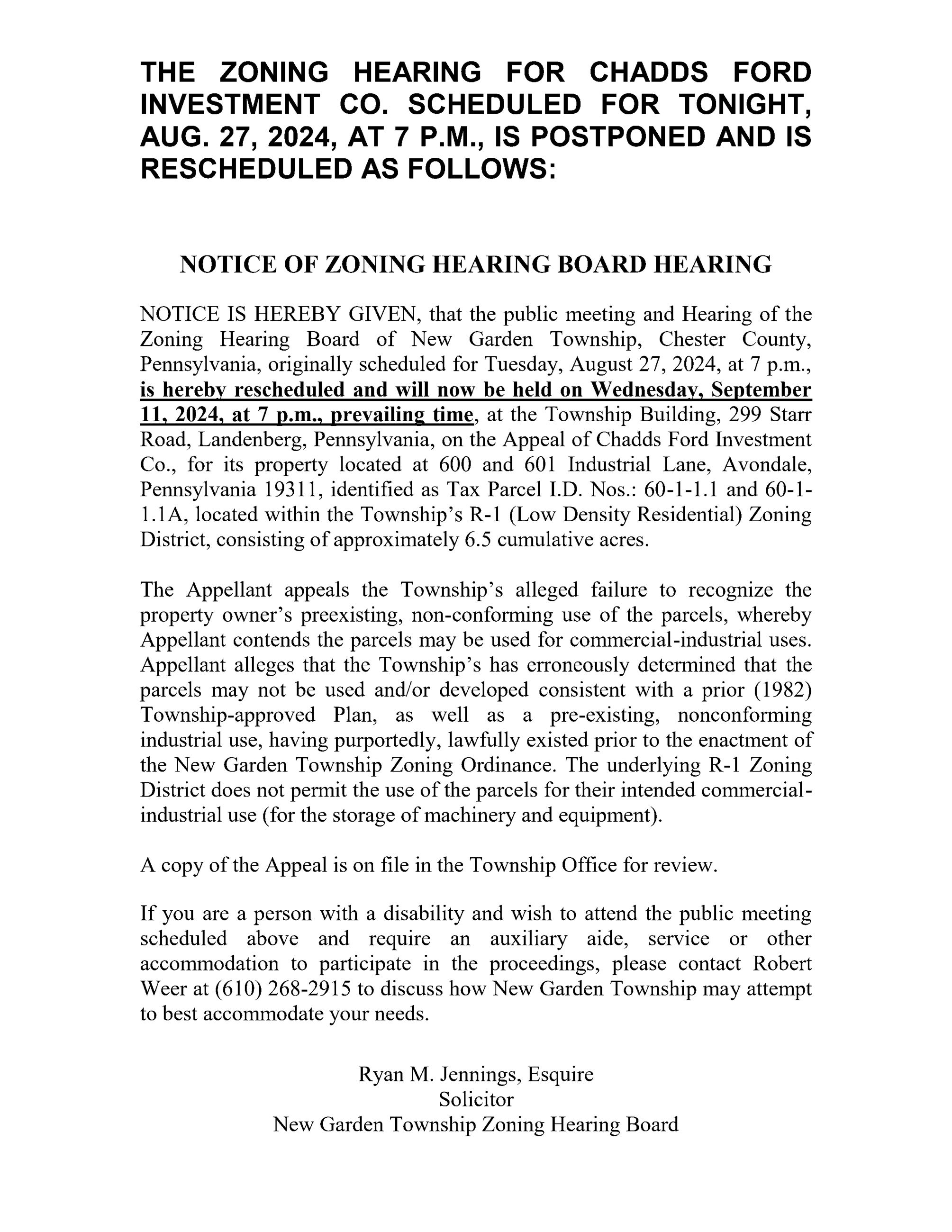 Notice to Post on Twp. Building Front Door - NGT ZHB (Chadds Ford Investme(2053438.1)