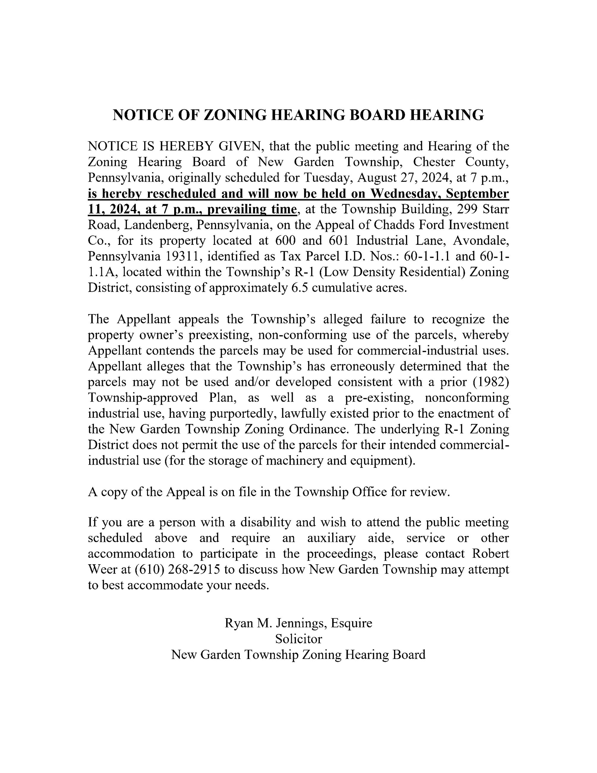Public Notice - NGT ZHB (Chadds Ford Investment Co.) (for 09.11.24 Hearing)(2053438.1)